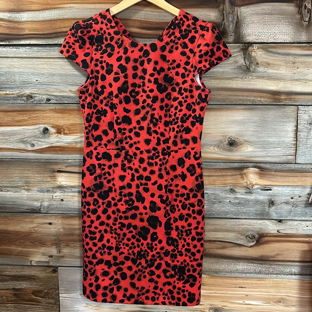 Betsey Johnson Red & Black Leopard Sheath Dress. Size 8.